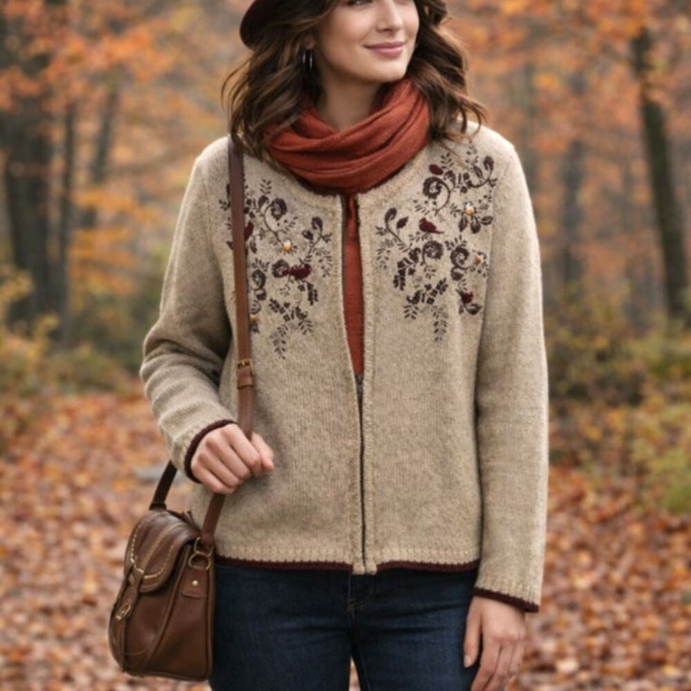 Croft & Barrow Sweater Cardigan Womens Size LP Full Zip Embroidered Birds Granny
